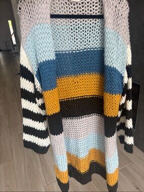 By Together Striped Open-Front Knit Cardigan - Mustard, Blue, Black, Cream